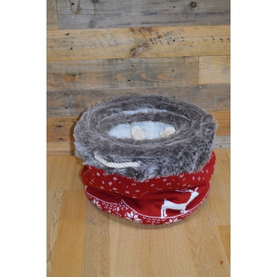 Kerstmanden set van 3 gebreid rood met rendieren en bont rand-2