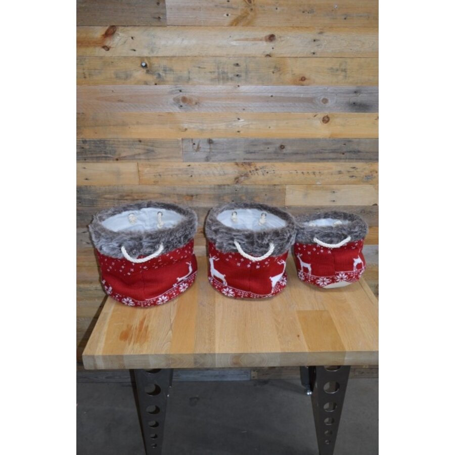 Kerstmanden set van 3 gebreid rood met rendieren en bont rand-1