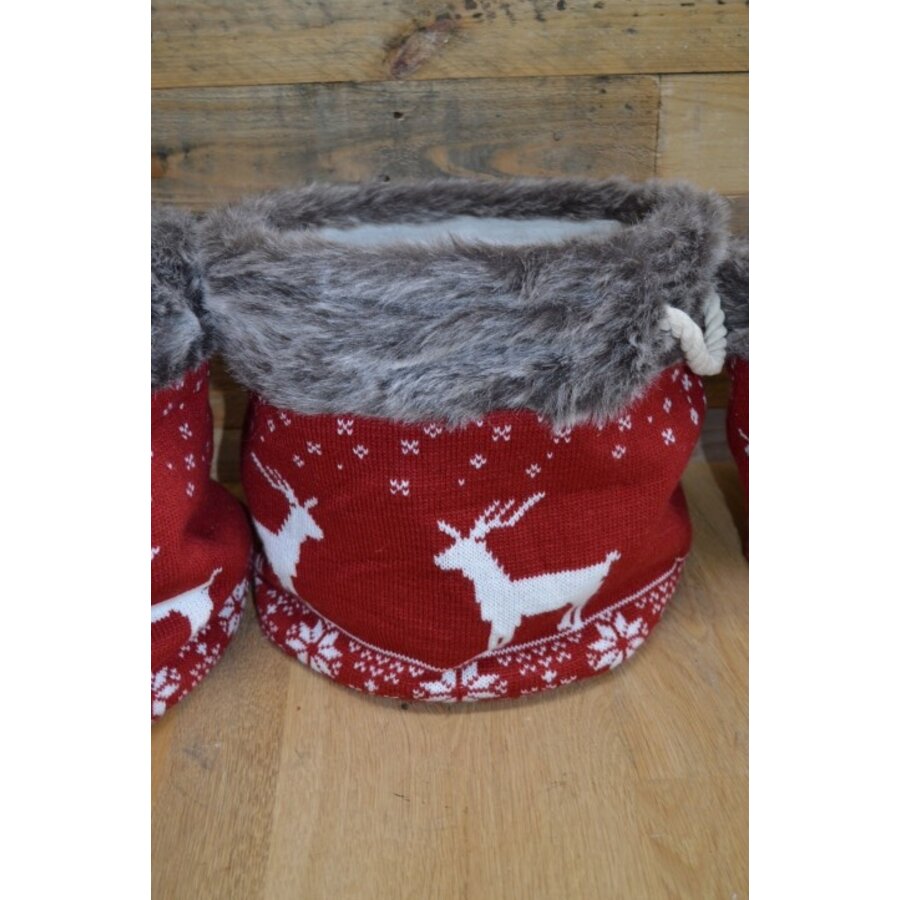 Kerstmanden set van 3 gebreid rood met rendieren en bont rand-4
