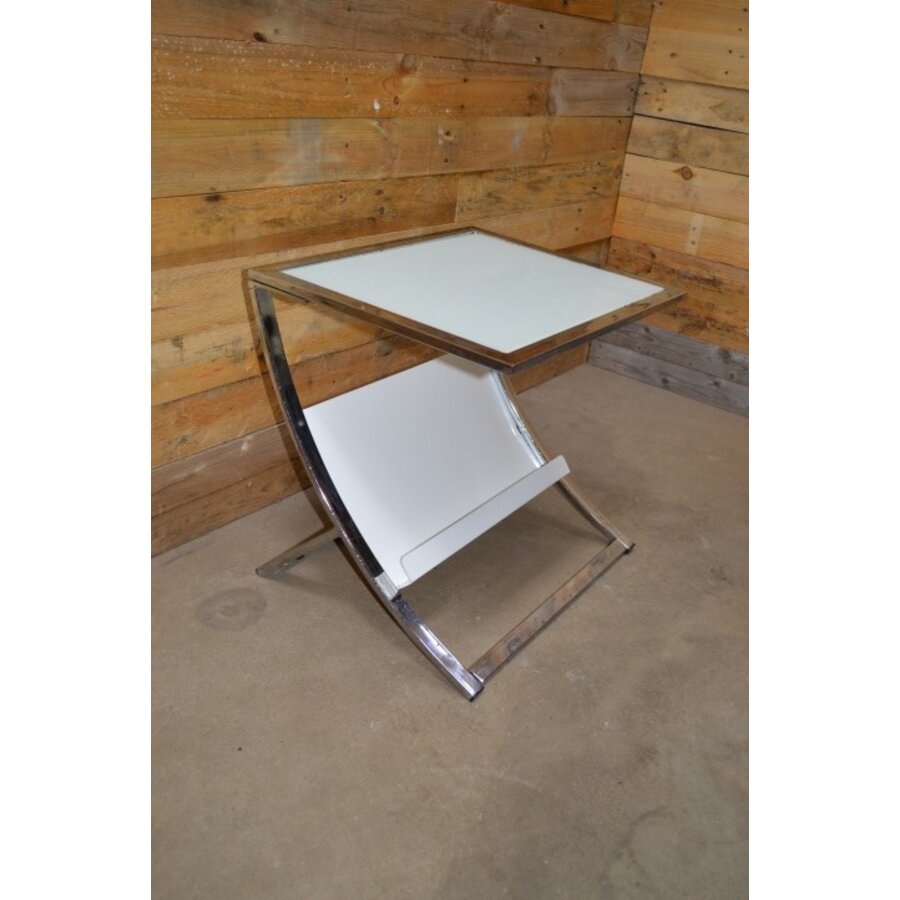 Sofa bijzettafeltje met lectuurbak chroom glas-1