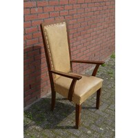 thumb-Antieke eiken armstoel met hoge rugleuning en leer-1