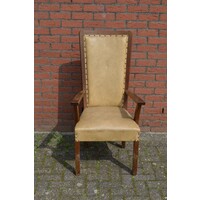 thumb-Antieke eiken armstoel met hoge rugleuning en leer-2