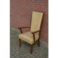 thumb-Antieke eiken armstoel met hoge rugleuning en leer-3