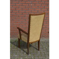 thumb-Antieke eiken armstoel met hoge rugleuning en leer-5