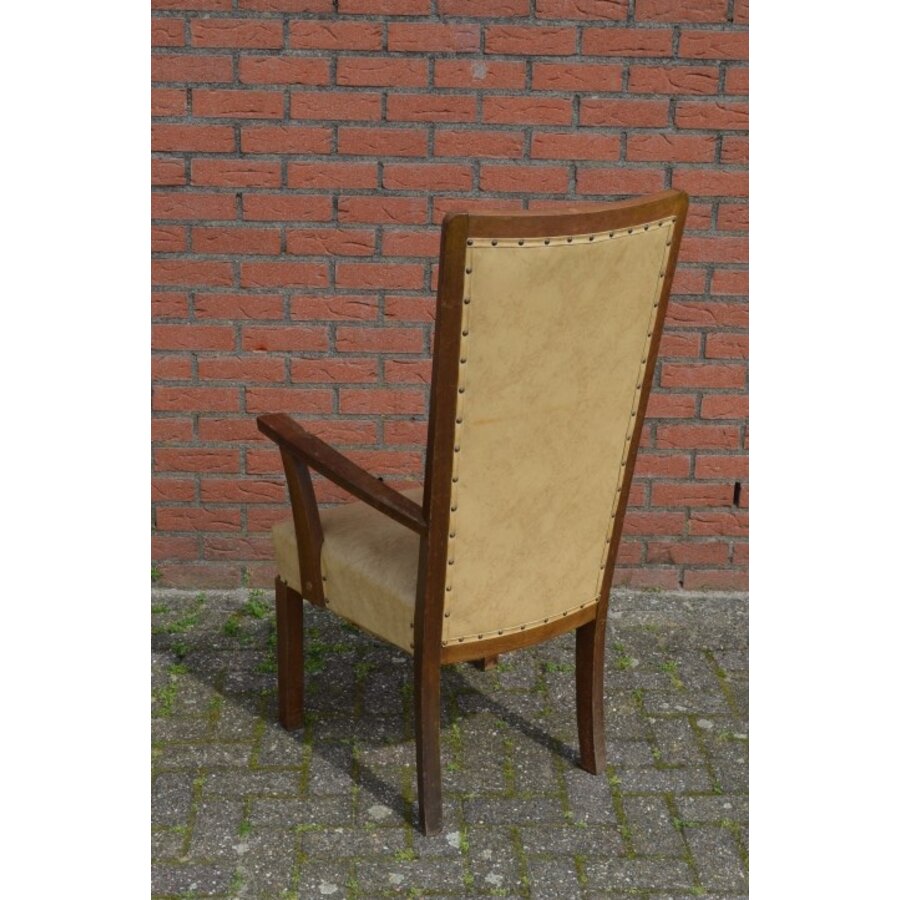 Antieke eiken armstoel met hoge rugleuning en leer-5