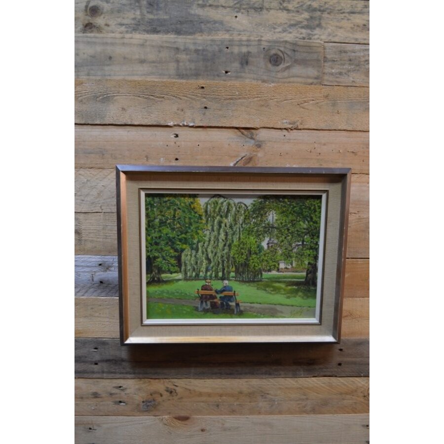 Schilderij van J.G. de Groot – twee opa’s op een bankje in parklandschap-1