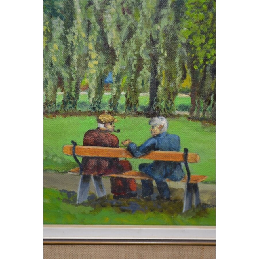 Schilderij van J.G. de Groot – twee opa’s op een bankje in parklandschap-4