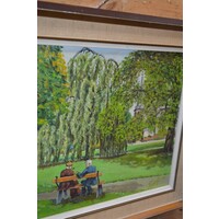 thumb-Schilderij van J.G. de Groot – twee opa’s op een bankje in parklandschap-5