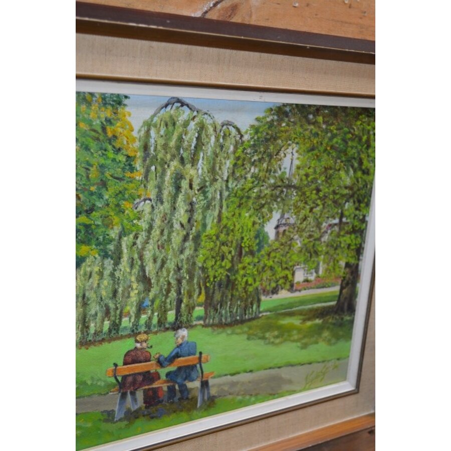 Schilderij van J.G. de Groot – twee opa’s op een bankje in parklandschap-5