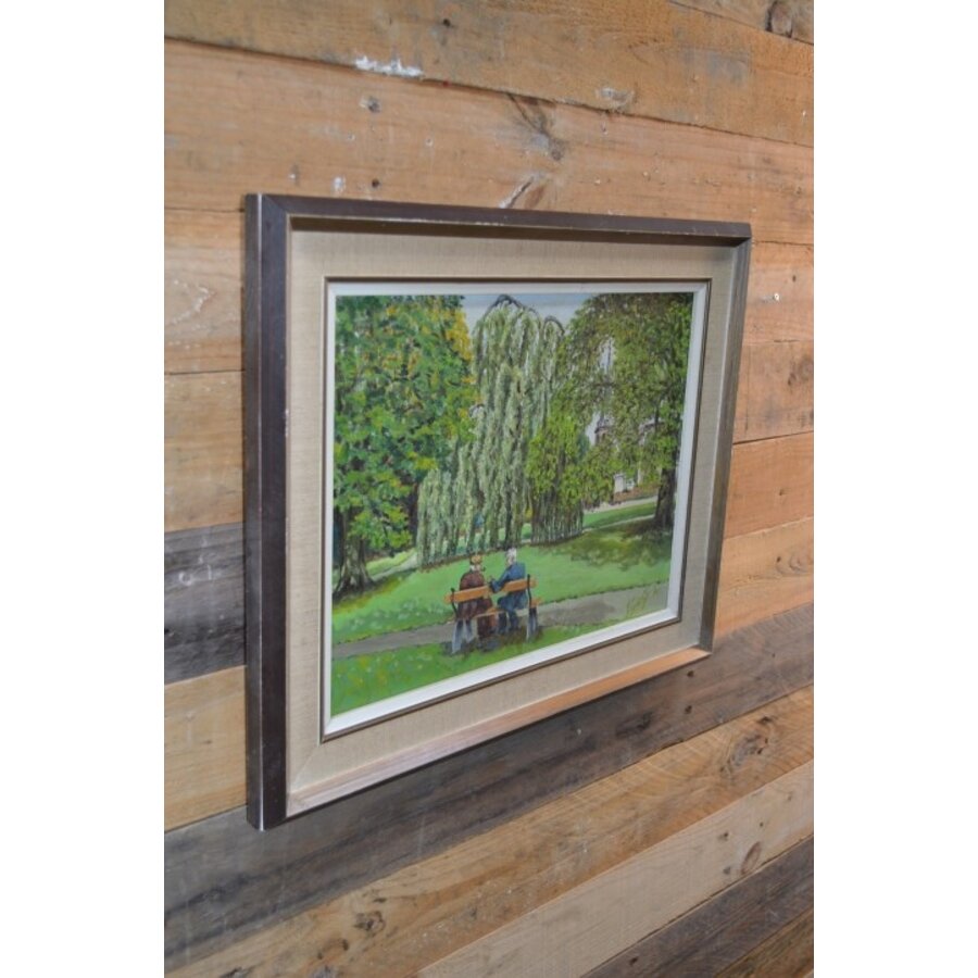 Schilderij van J.G. de Groot – twee opa’s op een bankje in parklandschap-7