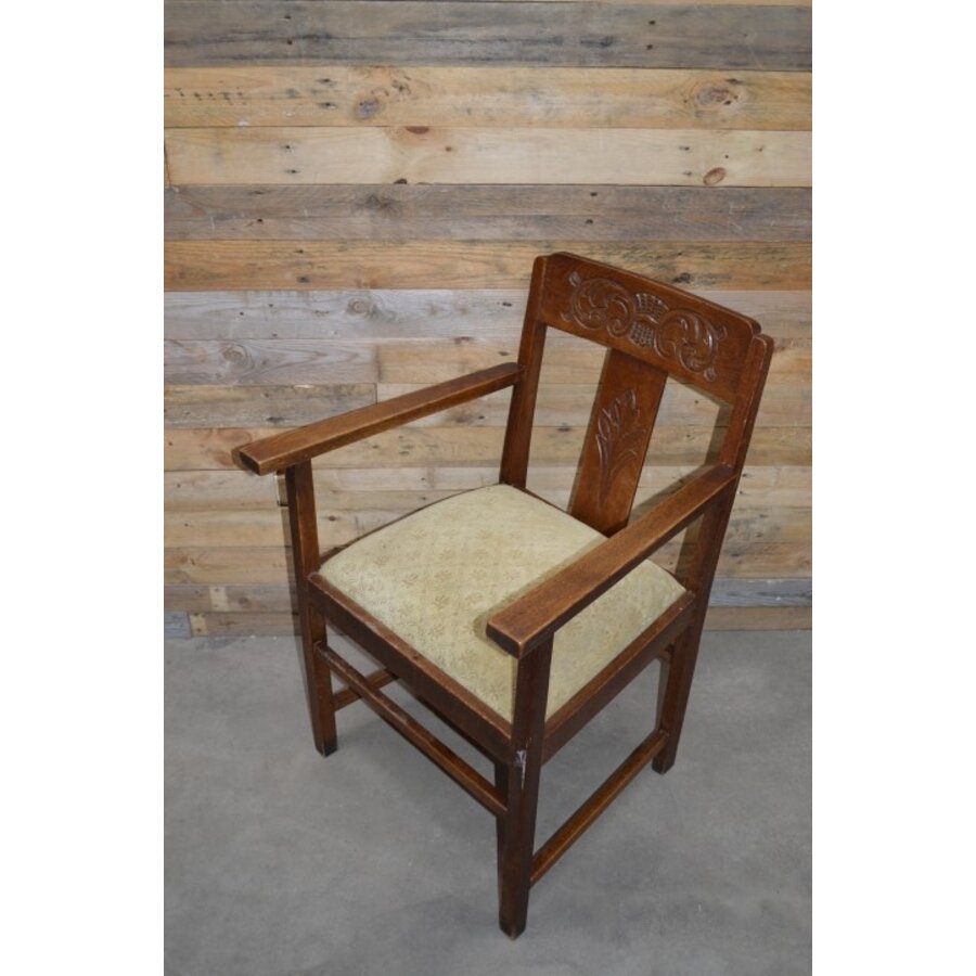 Vintage houten armstoel met stoffen zitting jaren 50-2