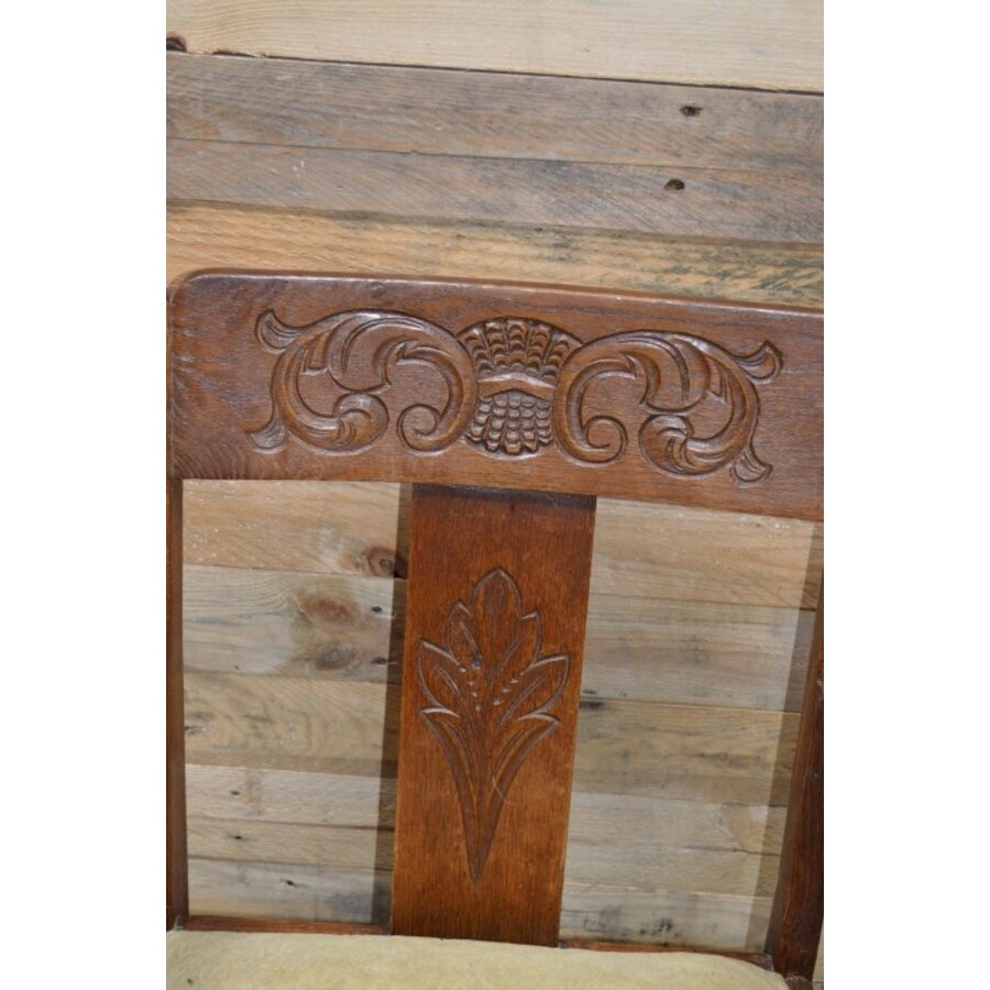 Vintage houten armstoel met stoffen zitting jaren 50-3