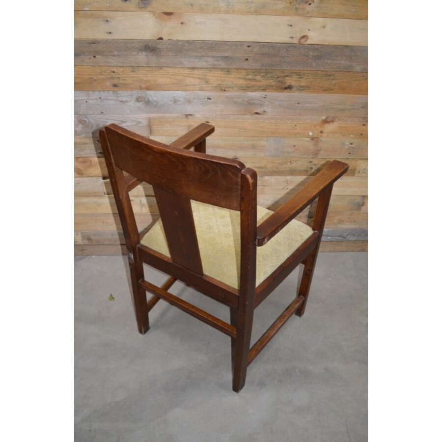 Vintage houten armstoel met stoffen zitting jaren 50-6