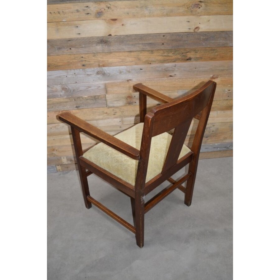 Vintage houten armstoel met stoffen zitting jaren 50-7