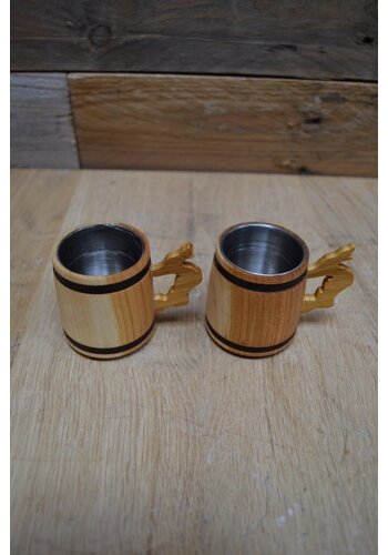 Wodka bekertjes hout met metaal set van 2 