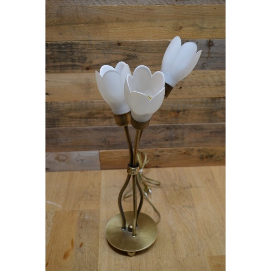 Schemerlamp messingkleur met 3 bloemkapjes-6