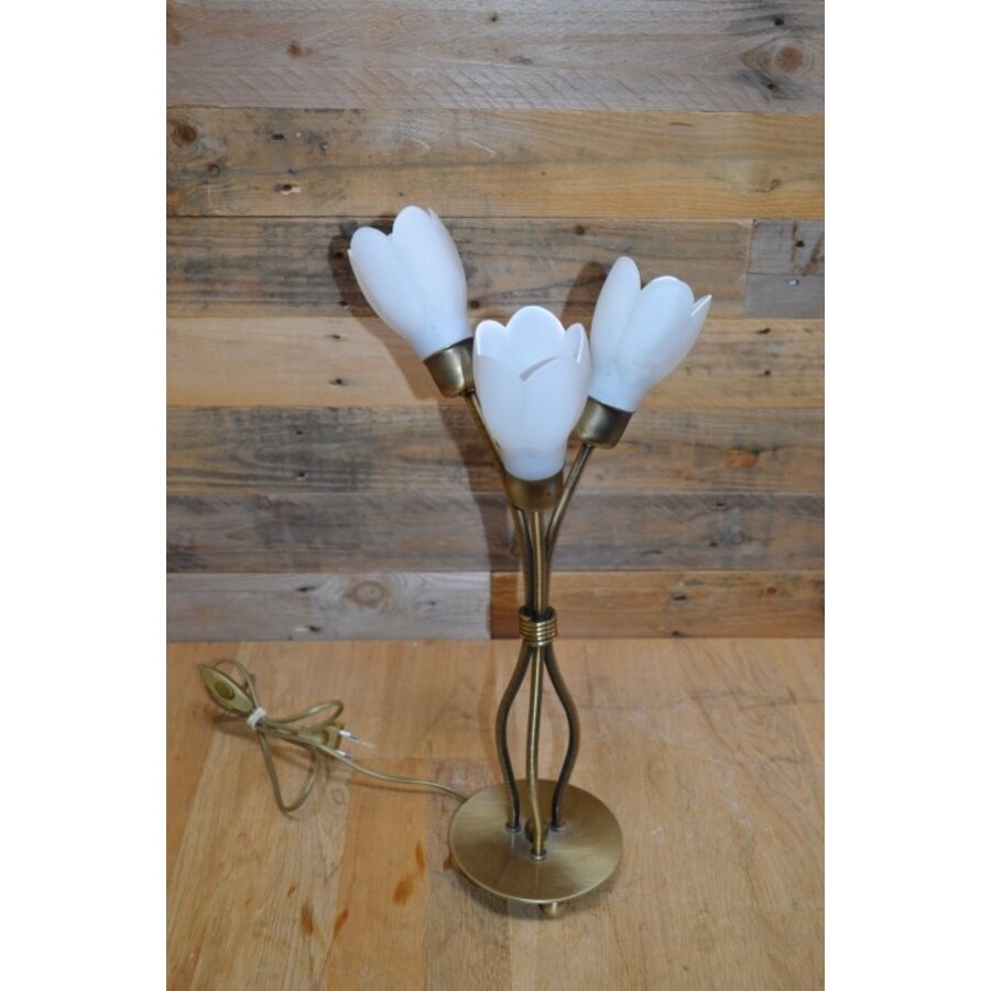 Schemerlamp messingkleur met 3 bloemkapjes-7