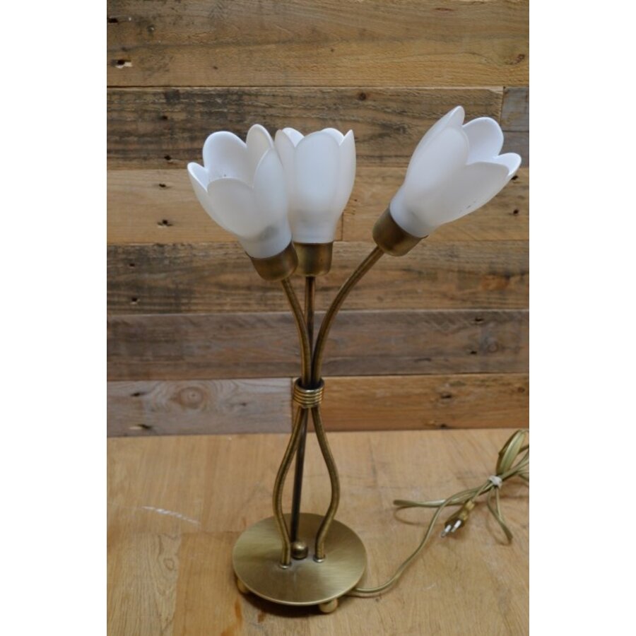Schemerlamp messingkleur met 3 bloemkapjes-8