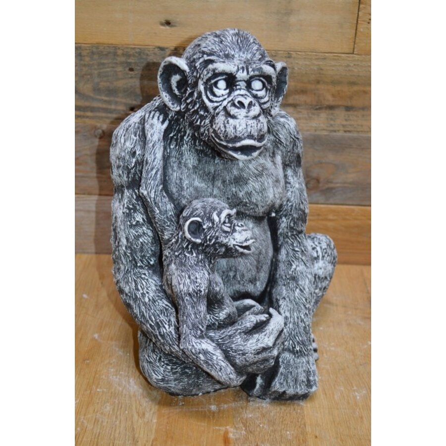 Betonnen chimpansee met jong – decoratief tuinbeeld met dierlijke uitstraling-2