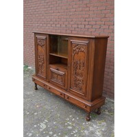 thumb-Massief donker eiken dressoir met houtsnijwerk-1