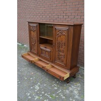 thumb-Massief donker eiken dressoir met houtsnijwerk-7