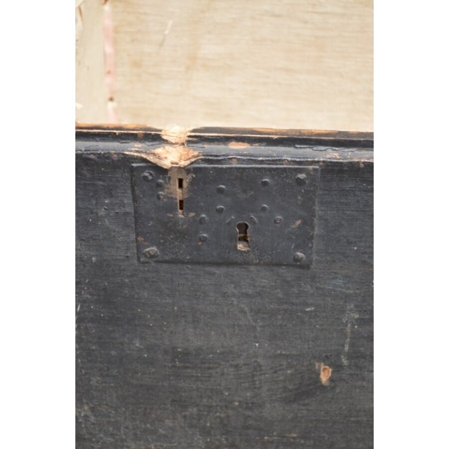 Antieke koffer hout met oud linnen bekleed-6