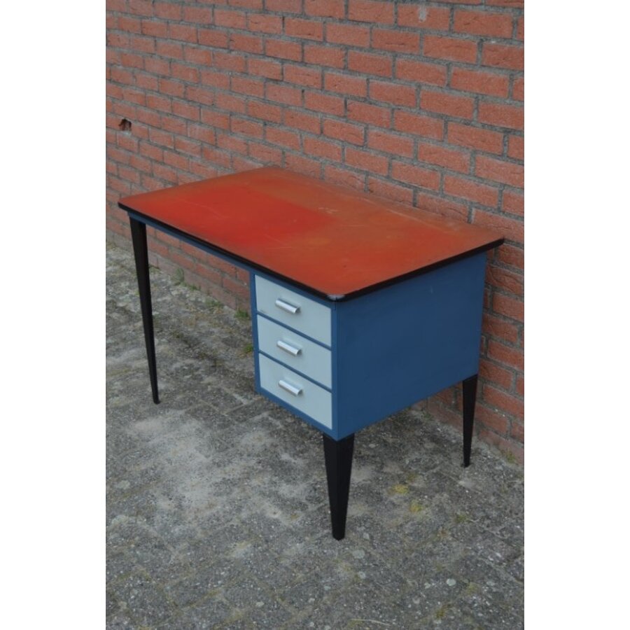 Mid-century retro bureau met metalen frame en ladenblok-3