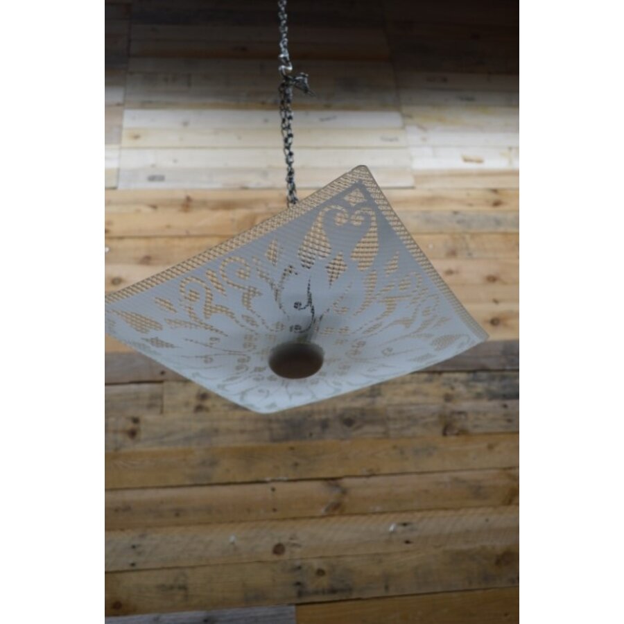 Jaren 60 plafond hanglamp met vierkante glazen kap-1