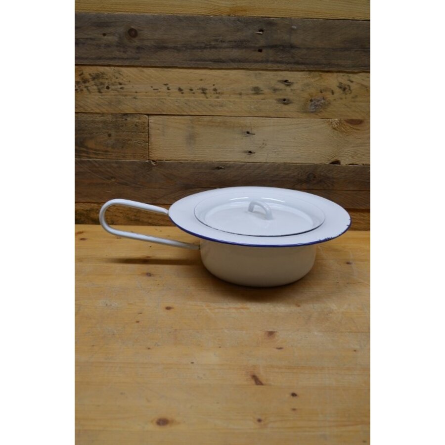 Vintage wit emaillen ondersteek met blauw randje-2