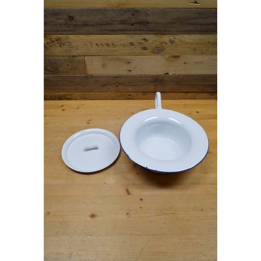 Vintage wit emaillen ondersteek met blauw randje-3