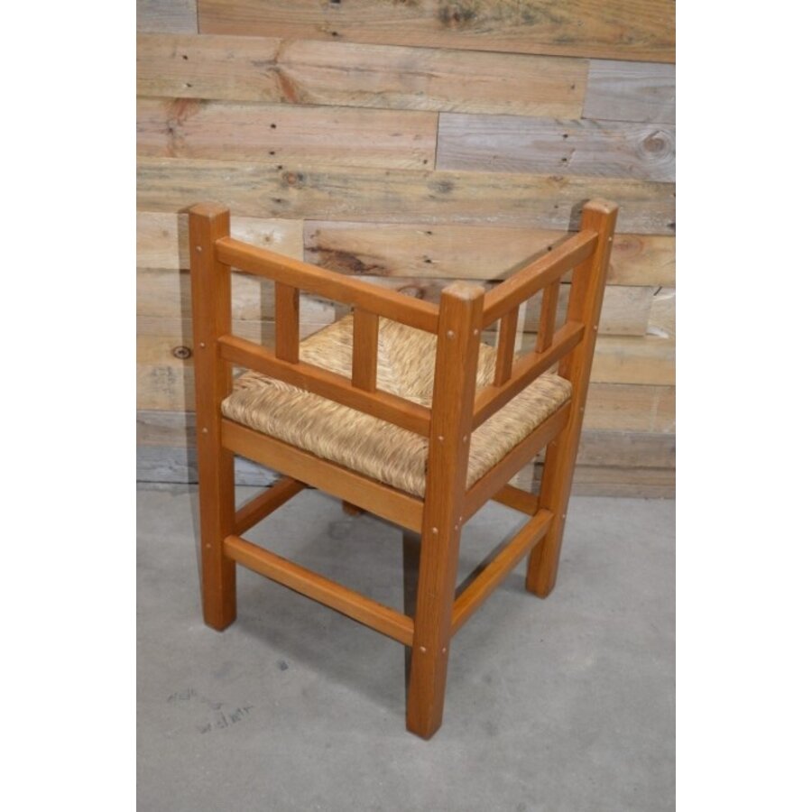 Vintage hoekstoeltje van blank eikenhout met biezen zitting-5