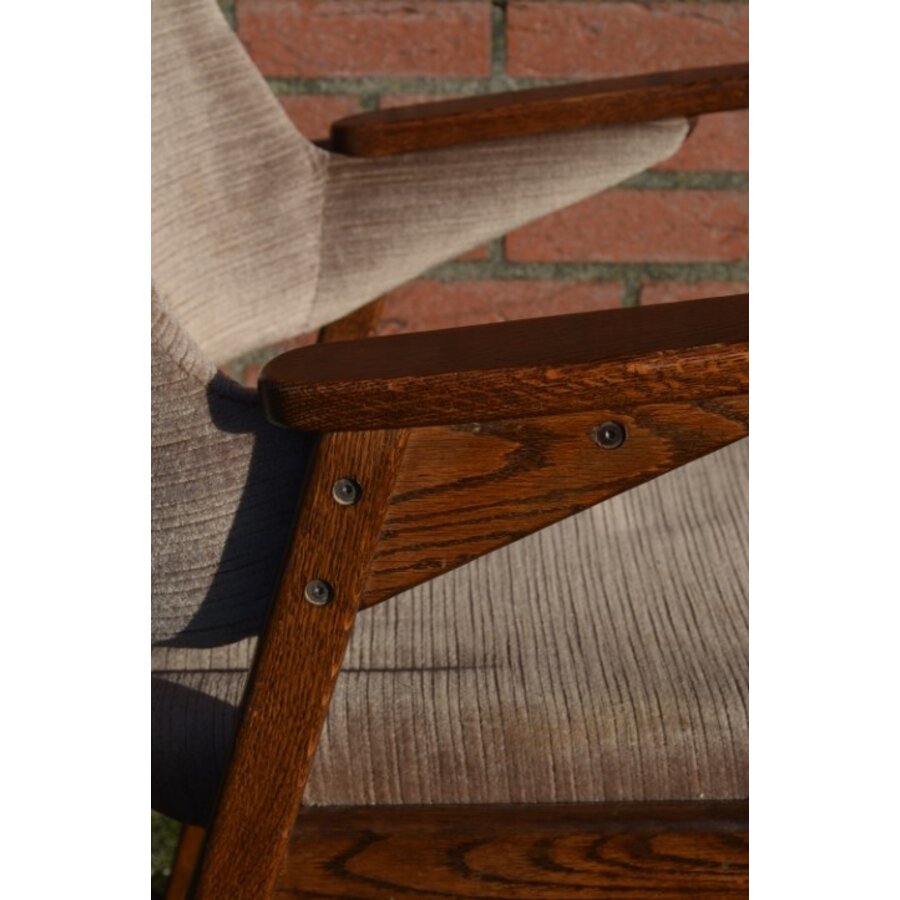 Retro eiken Pynock armstoel beige bruine velours bekleding-3