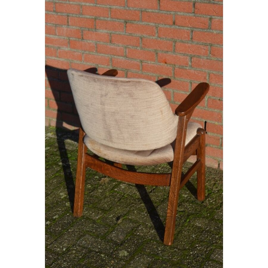 Retro eiken Pynock armstoel beige bruine velours bekleding-5
