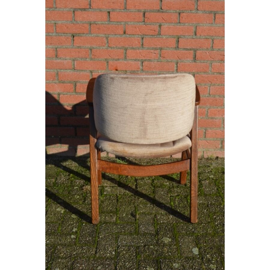 Retro eiken Pynock armstoel beige bruine velours bekleding-7