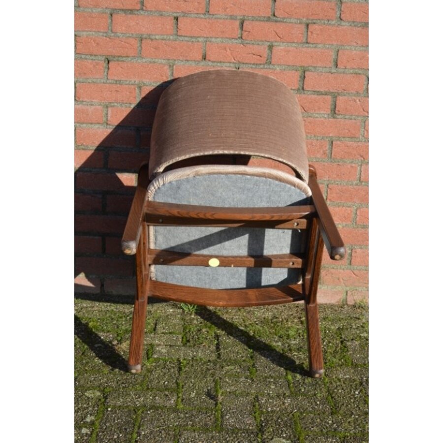 Retro eiken Pynock armstoel beige bruine velours bekleding-8