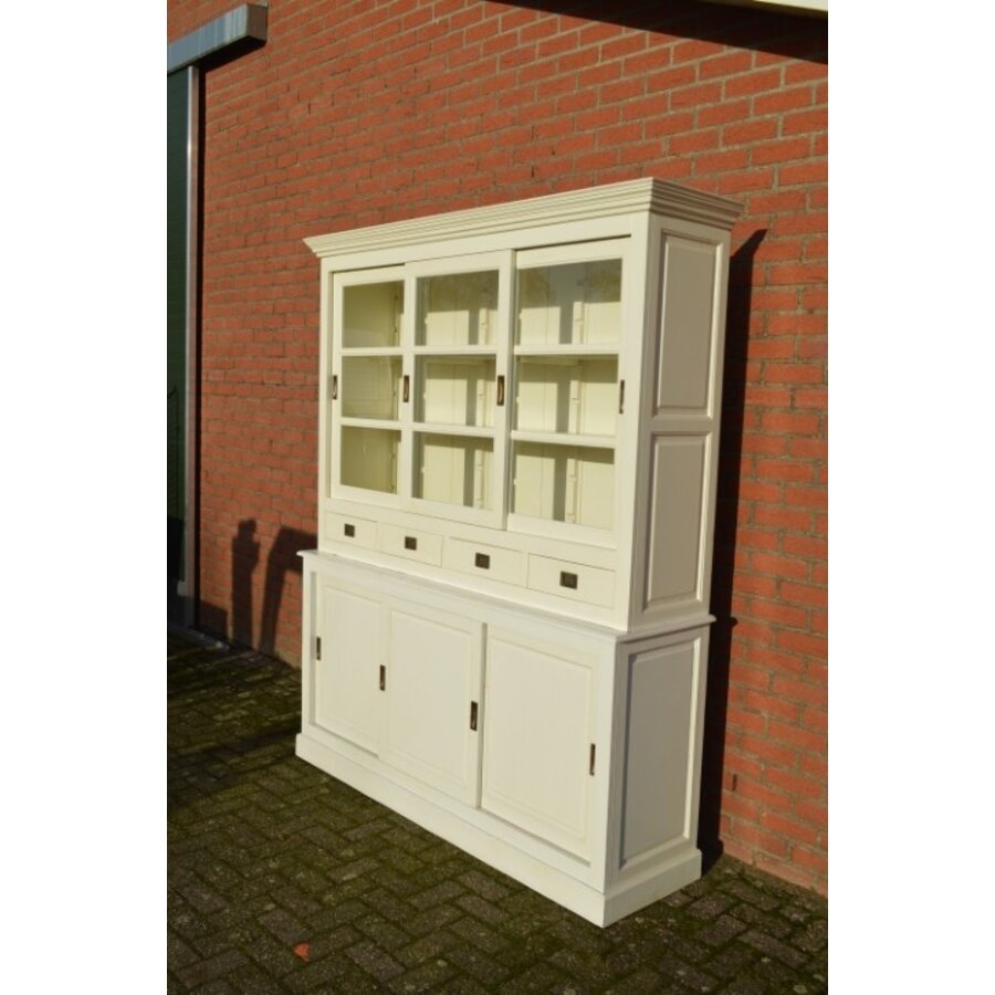 Witte vitrine servieskast van massief grenen met glazen deuren-2