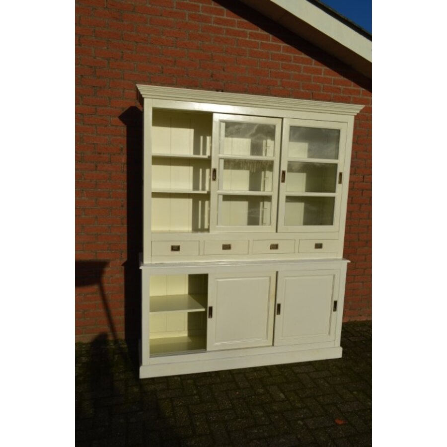 Witte vitrine servieskast van massief grenen met glazen deuren-5