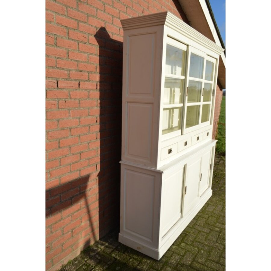 Witte vitrine servieskast van massief grenen met glazen deuren-8