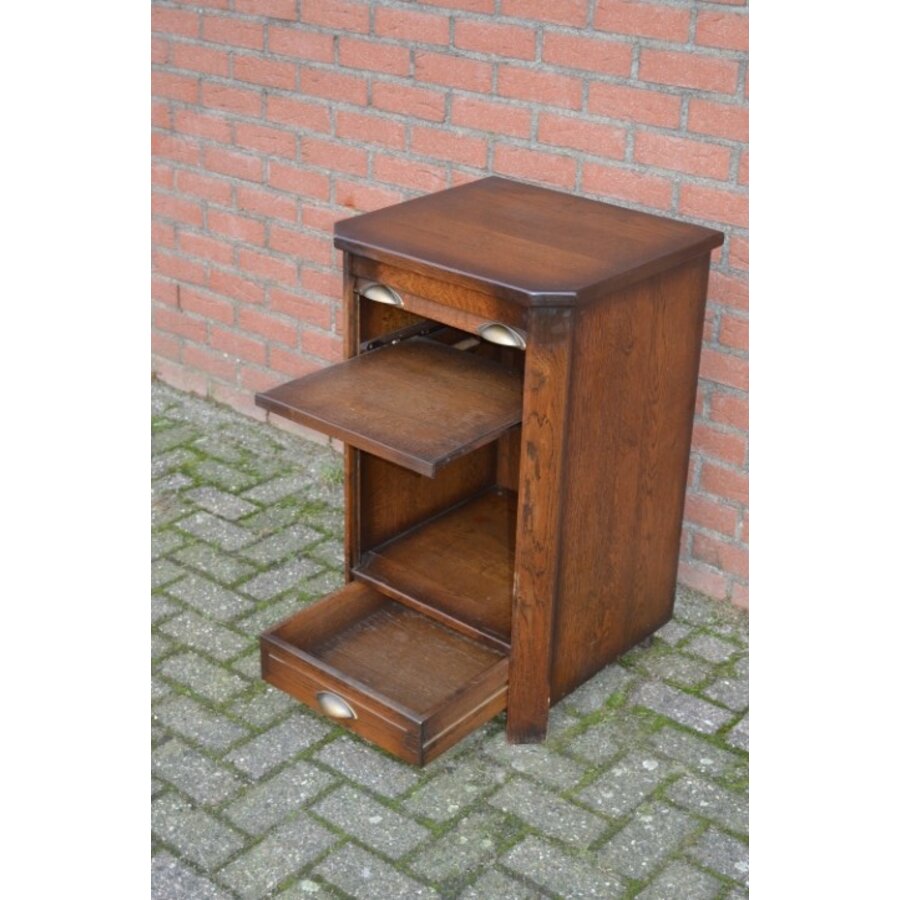 Vintage eiken rolluikkastje met lade in donkere patine kleur-3