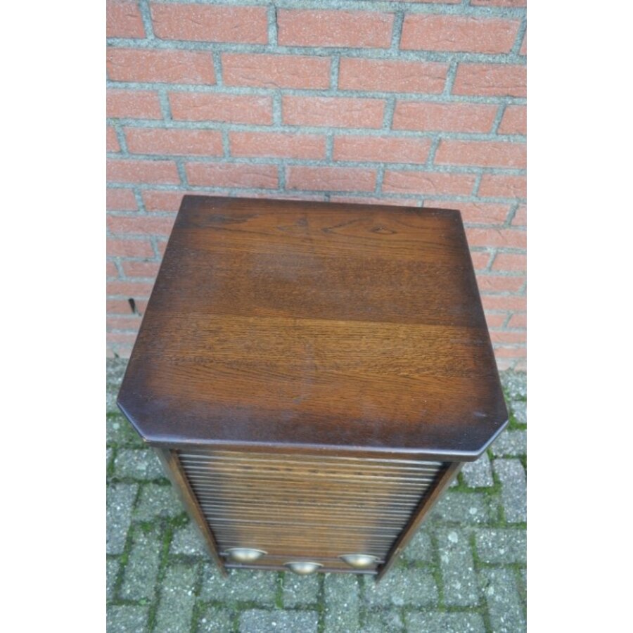 Vintage eiken rolluikkastje met lade in donkere patine kleur-5