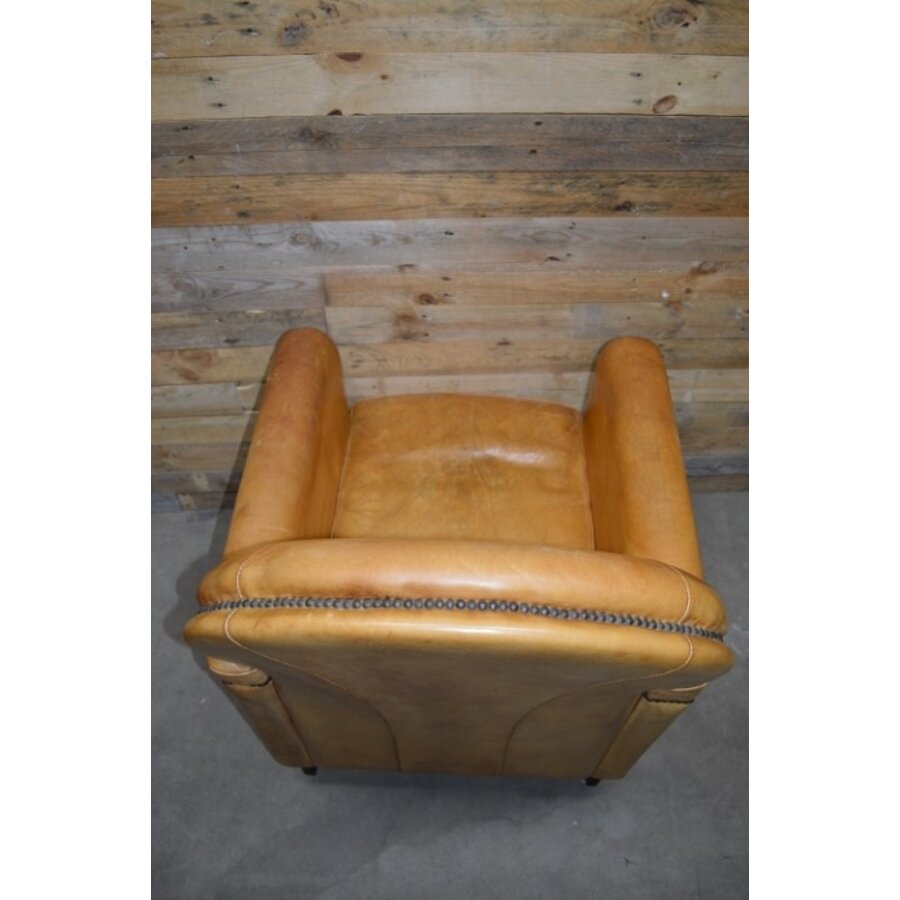 Klassieke Art Deco clubfauteuil van okergeel schapenleer jaren 70-10