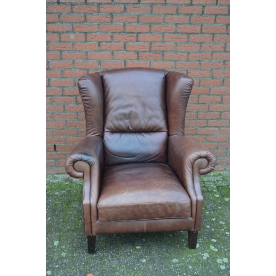 Klassieke donkerbruine leren oorfauteuil van zware kwaliteit-2