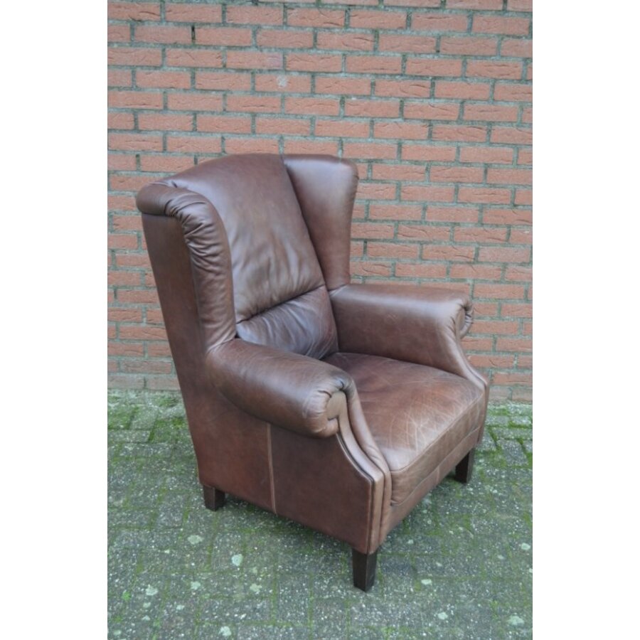 Klassieke donkerbruine leren oorfauteuil van zware kwaliteit-1