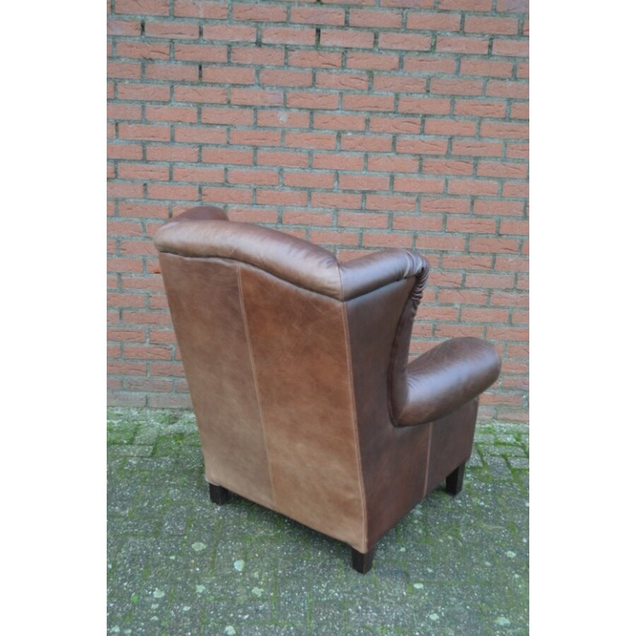 Klassieke donkerbruine leren oorfauteuil van zware kwaliteit-3