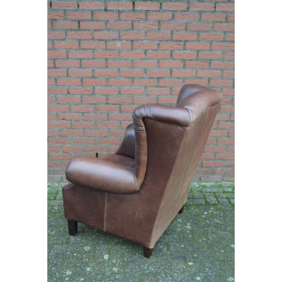Klassieke donkerbruine leren oorfauteuil van zware kwaliteit-4