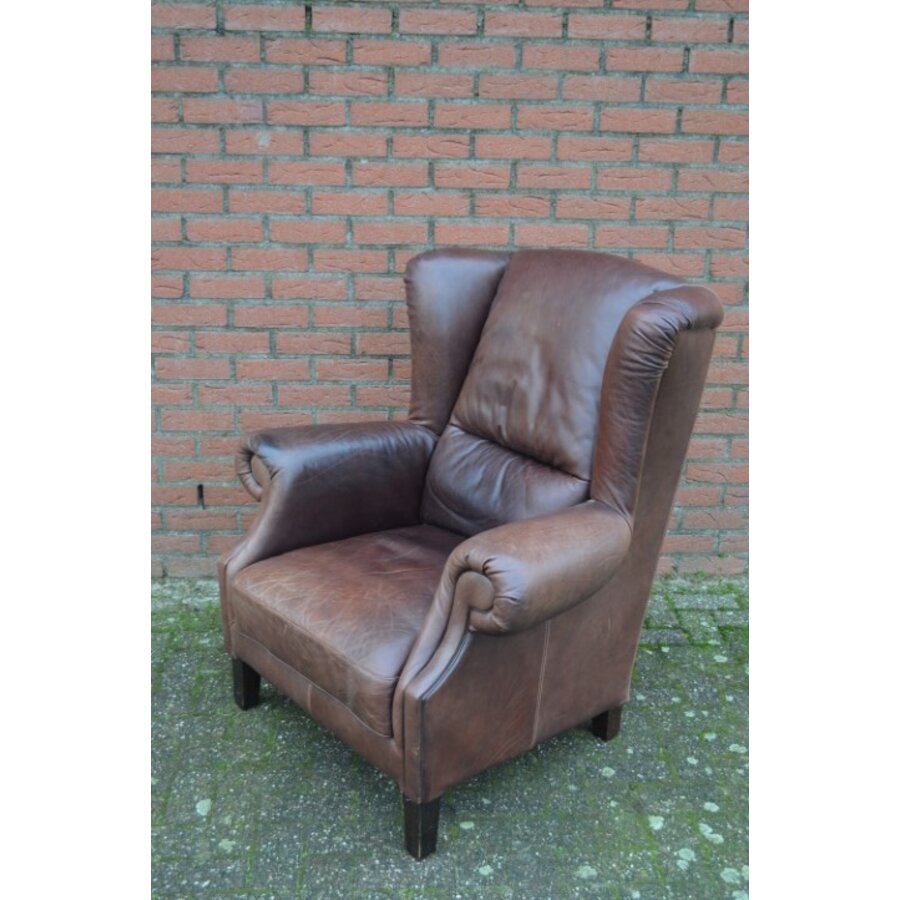 Klassieke donkerbruine leren oorfauteuil van zware kwaliteit-5
