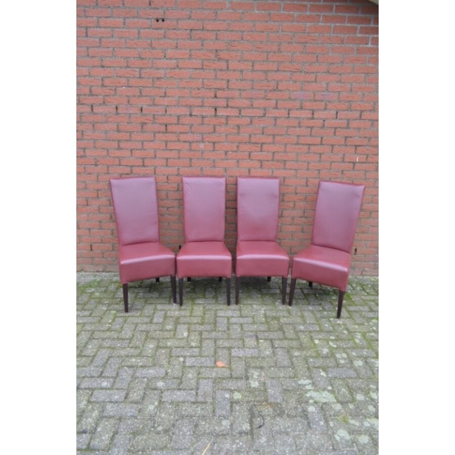Set van 4 bordeauxrode leren eetkamerstoelen met hoge rug en zwarte poten-2