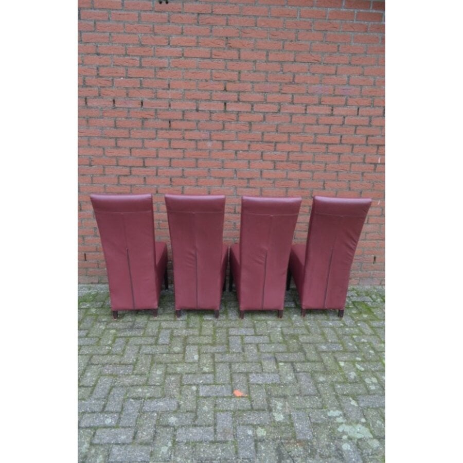Set van 4 bordeauxrode leren eetkamerstoelen met hoge rug en zwarte poten-5