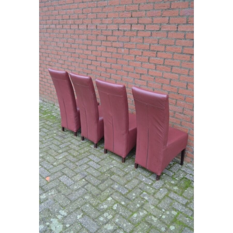 Set van 4 bordeauxrode leren eetkamerstoelen met hoge rug en zwarte poten-6