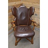 LoodsVol, Tweedehands Zeldzame antieke eiken oorfauteuil met donkerbruin lederen bekleding